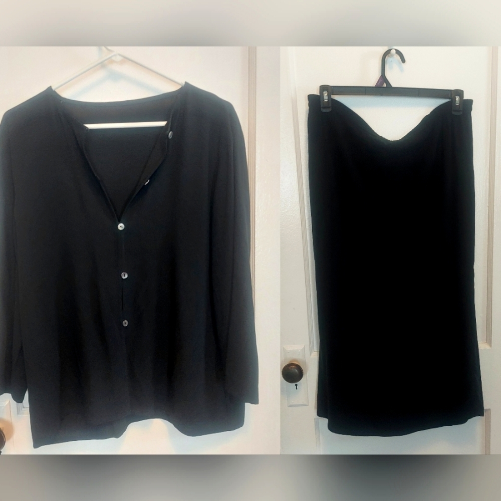 Eileen Fisher 100% Silk Cardigan Skirt Set in Black
